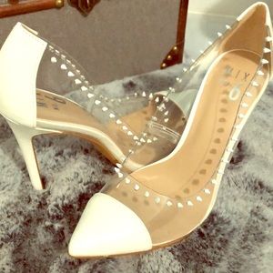 White and clear studded heels